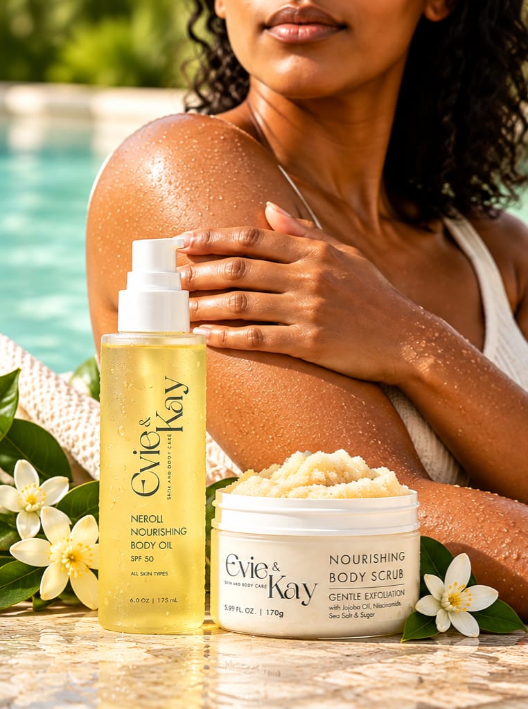 A quiet body-care moment in warm natural light
