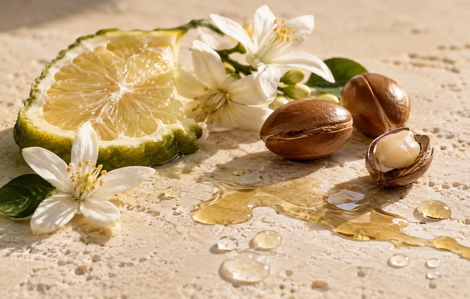 Citrus, white blossoms and a glass dish in warm natural light